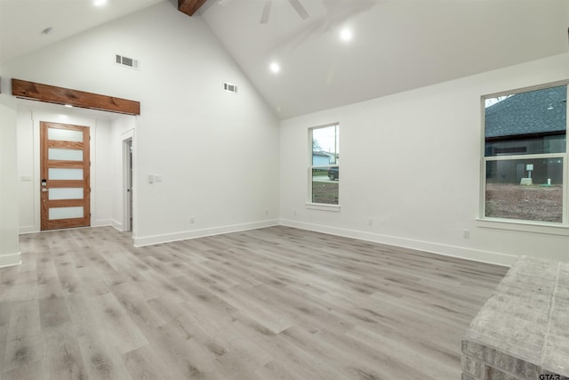 unfurnished living room featuring beamed ceiling, ceiling fan, high vaulted ceiling, and light hardwood / wood-style floors