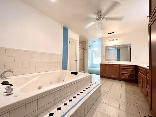 250 Autumn Wood Trl, Holly Lake Ranch, TX 75765 - bathroom with a shower stall, vanity, ceiling fan, a jetted tub, and tile patterned floors