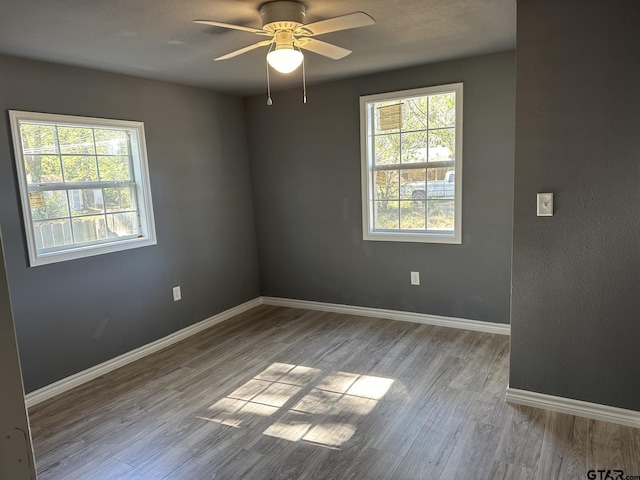 spare room featuring light hardwood / wood-style flooring, a wealth of natural light, and ceiling fan