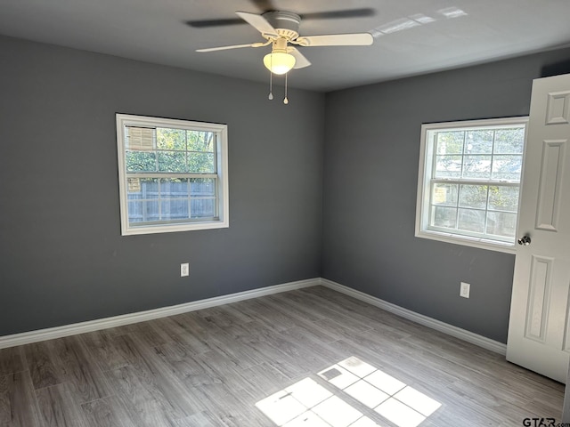 empty room with a wealth of natural light, ceiling fan, and light hardwood / wood-style floors