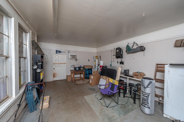 garage with white fridge