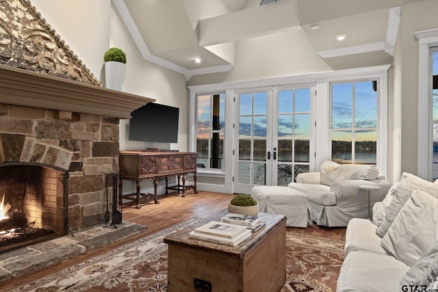 living area featuring crown molding, wood finished floors, and a fireplace