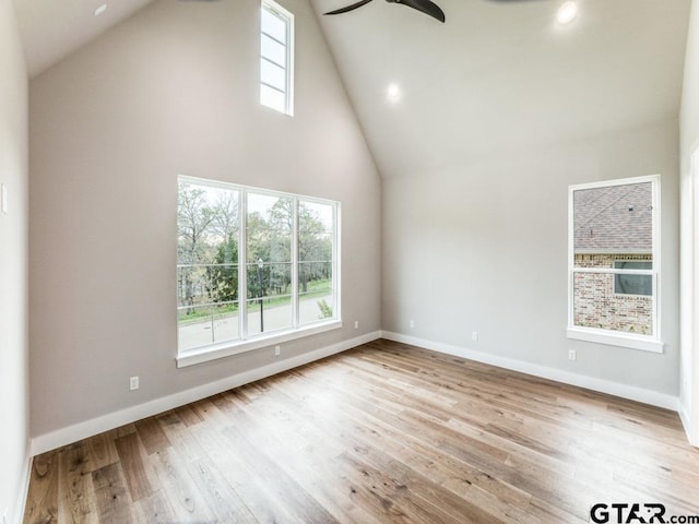 spare room featuring high vaulted ceiling, ceiling fan, and light hardwood / wood-style floors