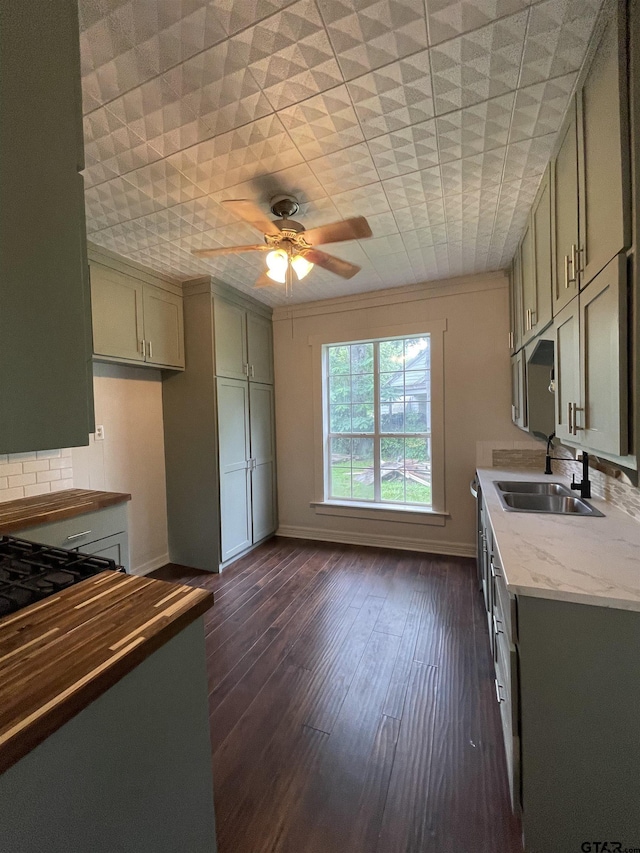 kitchen featuring ceiling fan, sink, and dark wood-type flooring