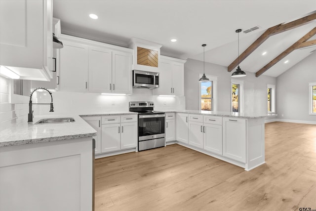 kitchen with sink, stainless steel appliances, vaulted ceiling with beams, kitchen peninsula, and white cabinets