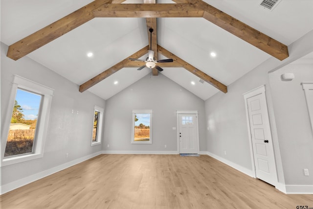 unfurnished living room with beam ceiling, a wealth of natural light, and light hardwood / wood-style flooring