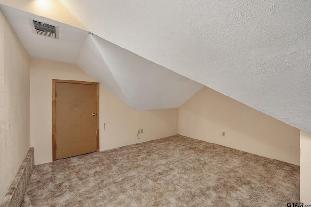 additional living space with carpet flooring, a textured ceiling, and lofted ceiling