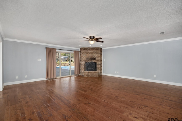 unfurnished living room with a textured ceiling, dark hardwood / wood-style floors, and a fireplace