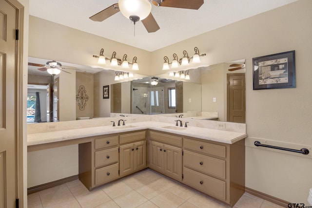 bathroom featuring a shower, vanity, and tile patterned floors