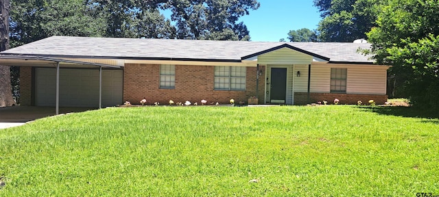ranch-style house with a garage, a front yard, concrete driveway, and brick siding