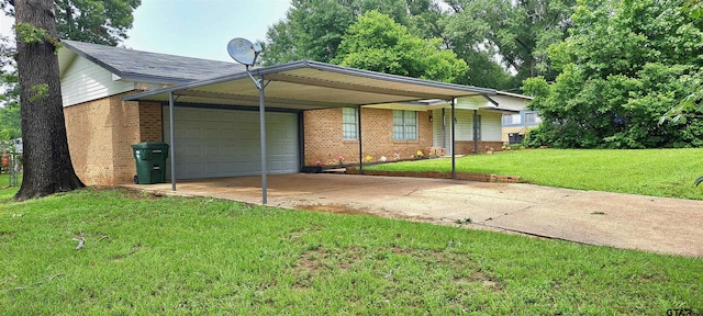 single story home with brick siding, a front lawn, a carport, driveway, and a garage
