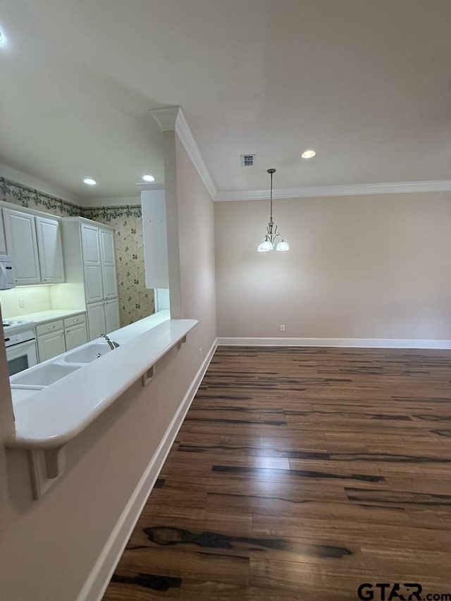 interior space with crown molding, dark hardwood / wood-style floors, and sink