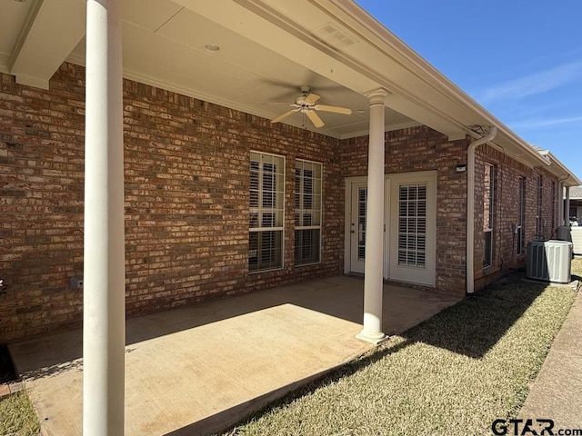 view of patio / terrace featuring ceiling fan and central air condition unit