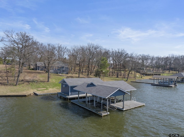view of dock with a water view and boat lift