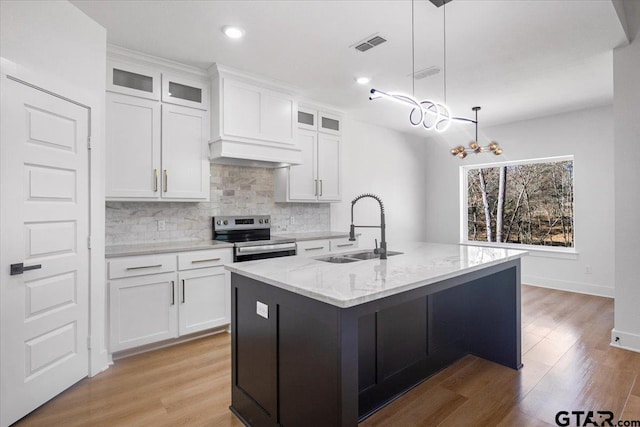 kitchen featuring stainless steel electric range oven, backsplash, a sink, and white cabinets