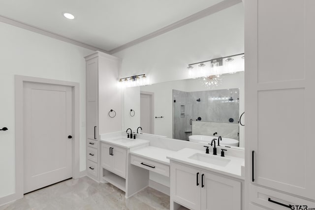 bathroom featuring vanity, crown molding, and independent shower and bath