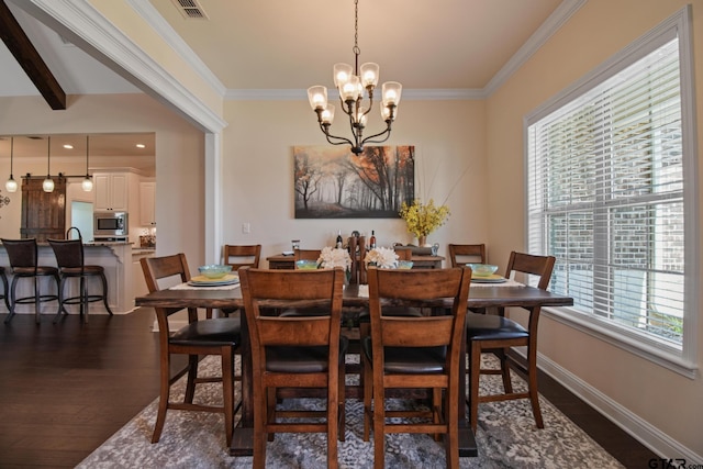109 Nathan, Chandler, TX 75758 - dining area featuring dark wood-style flooring, ornamental molding, a chandelier, and recessed lighting