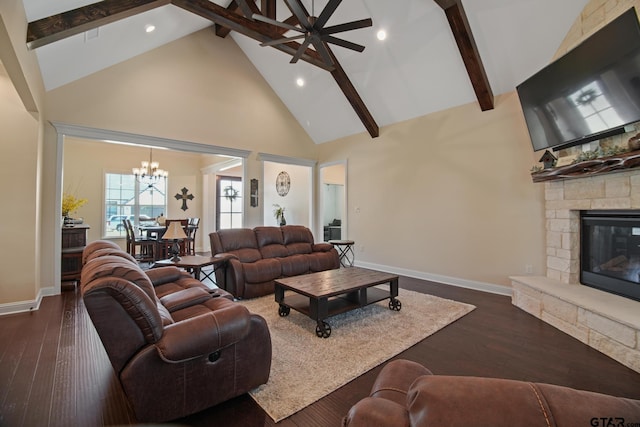 109 Nathan, Chandler, TX 75758 - living area featuring high vaulted ceiling, a chandelier, beamed ceiling, ceiling fan, and dark wood finished floors
