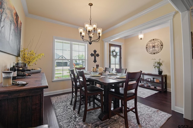 109 Nathan, Chandler, TX 75758 - dining room featuring ornamental molding, a chandelier, and dark wood-style flooring