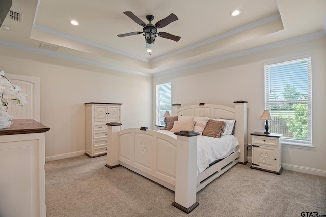 109 Nathan, Chandler, TX 75758 - bedroom with a raised ceiling, light carpet, crown molding, recessed lighting, and a ceiling fan