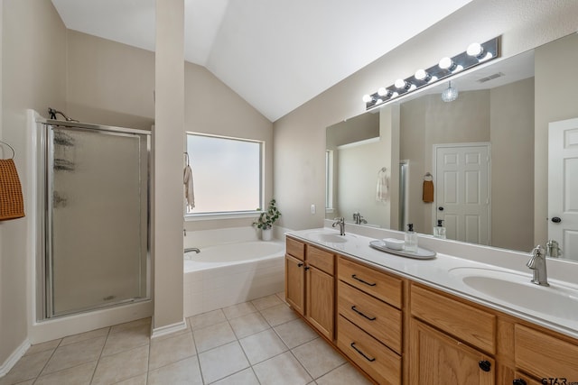 full bath featuring a shower stall, visible vents, a sink, and tile patterned floors