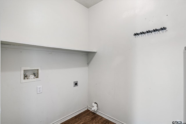 laundry room with hookup for an electric dryer, hookup for a washing machine, dark hardwood / wood-style flooring, and a textured ceiling