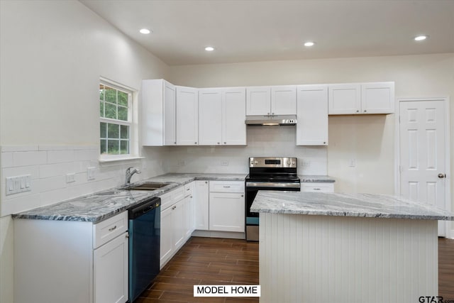 kitchen featuring sink, dark hardwood / wood-style floors, stainless steel electric range, white cabinets, and black dishwasher