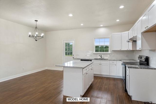 kitchen featuring dark wood-type flooring, white cabinets, and stainless steel electric range oven