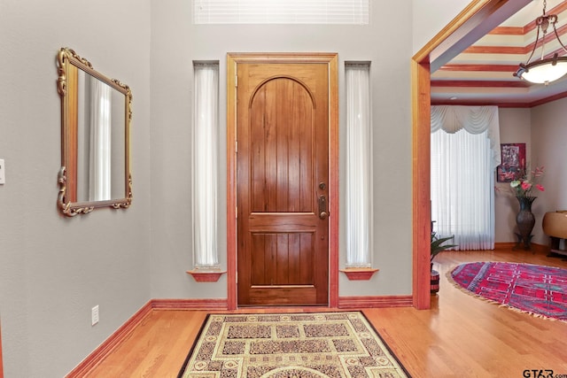 foyer entrance with hardwood / wood-style flooring