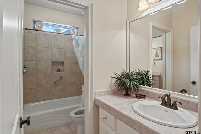 full bathroom with shower / bathtub combination with curtain, tile patterned floors, toilet, and vanity