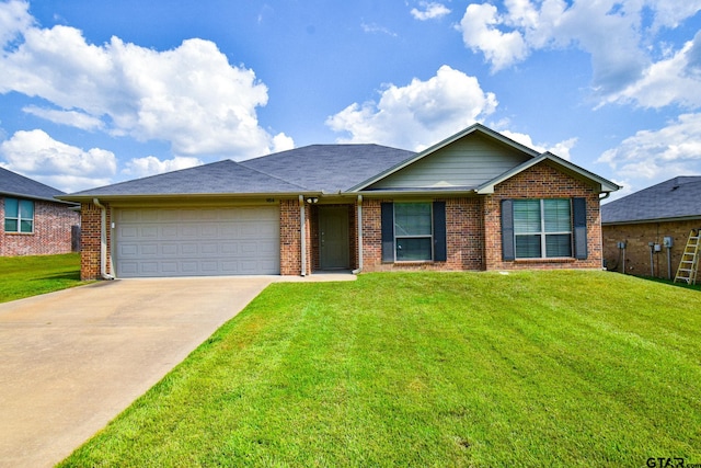 ranch-style house featuring a garage and a front yard