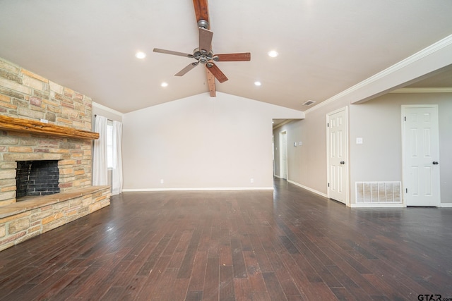 unfurnished living room featuring ceiling fan, dark wood-type flooring, lofted ceiling with beams, and a fireplace