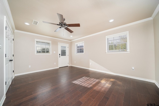 unfurnished room featuring ceiling fan, ornamental molding, and dark hardwood / wood-style floors