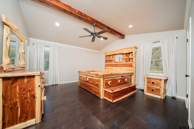 bedroom with multiple windows, dark hardwood / wood-style floors, and lofted ceiling with beams