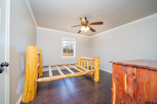 bedroom with ceiling fan, dark wood-type flooring, and ornamental molding