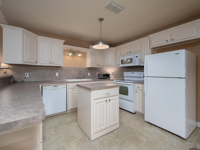 kitchen with sink, white appliances, white cabinetry, a center island, and decorative light fixtures