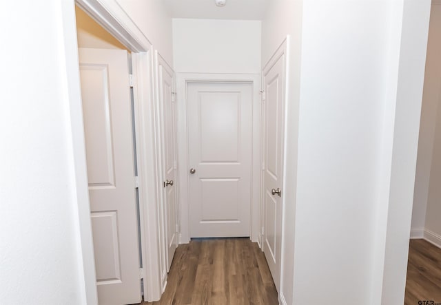 corridor featuring dark wood-type flooring