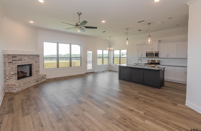 kitchen with white cabinets, a center island with sink, a healthy amount of sunlight, and appliances with stainless steel finishes