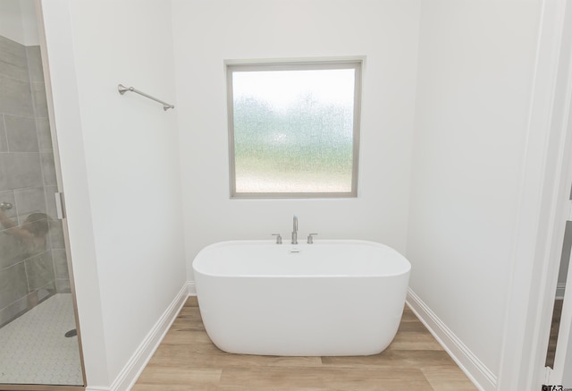 bathroom featuring hardwood / wood-style flooring and plus walk in shower