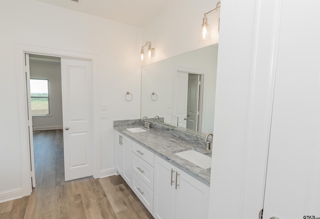 bathroom with vanity and hardwood / wood-style flooring