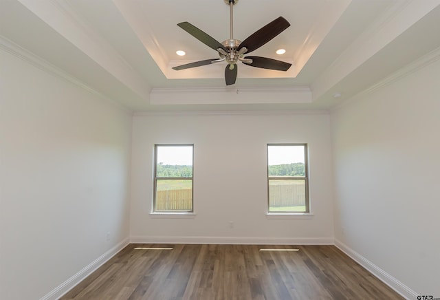 empty room with a wealth of natural light, a raised ceiling, dark hardwood / wood-style flooring, and ornamental molding