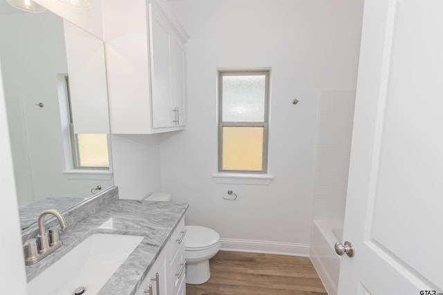 bathroom with toilet, vanity, and hardwood / wood-style flooring