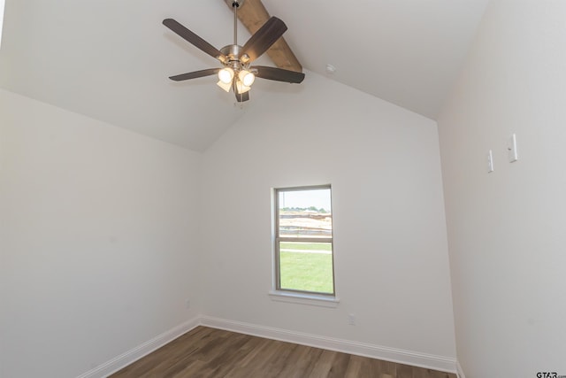 unfurnished room with dark wood-type flooring, ceiling fan, and vaulted ceiling with beams