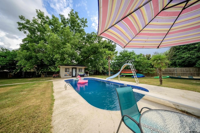 17550 Kristopher Cir, Whitehouse, TX 75791 - view of swimming pool featuring a water slide, a patio, an outbuilding, an exterior structure, and a diving board