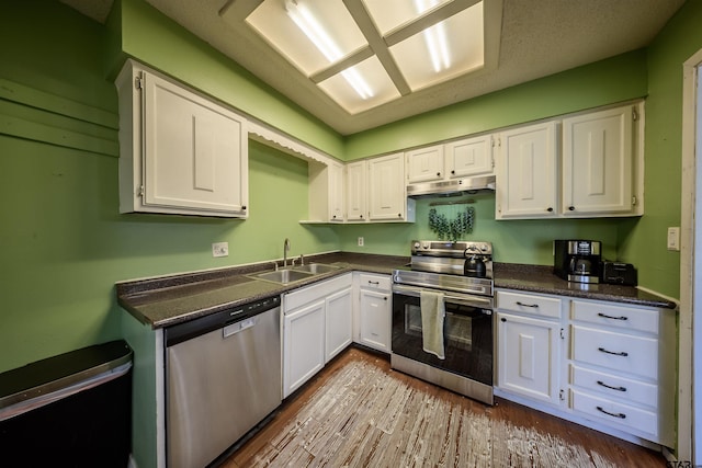 17550 Kristopher Cir, Whitehouse, TX 75791 - kitchen featuring appliances with stainless steel finishes, under cabinet range hood, white cabinetry, and dark countertops