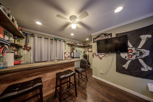 17550 Kristopher Cir, Whitehouse, TX 75791 - indoor bar with crown molding, dark wood-type flooring, ceiling fan, and recessed lighting