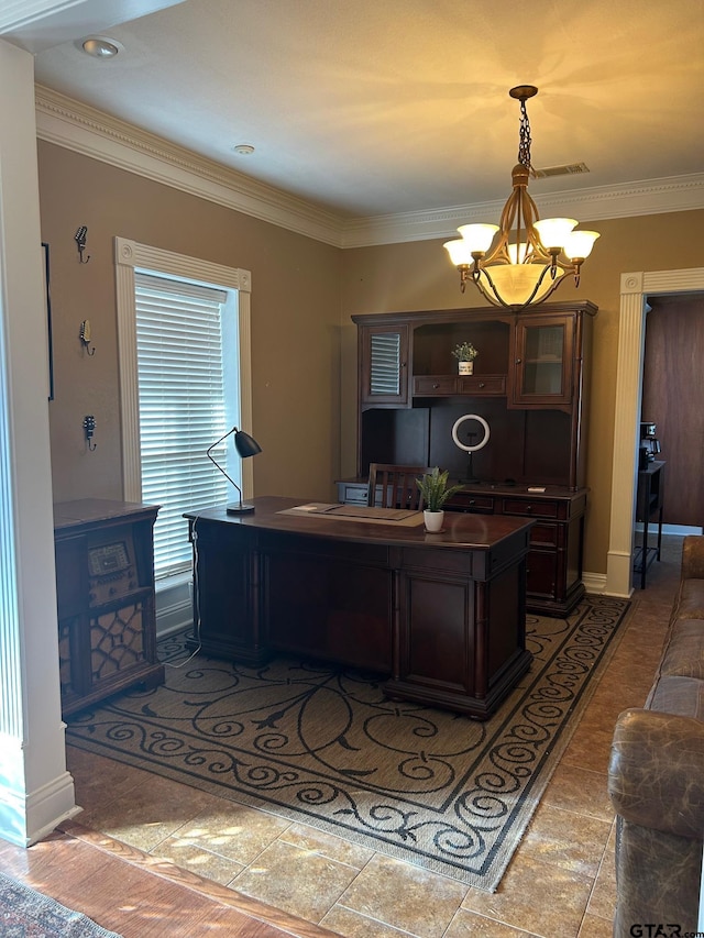 office with an inviting chandelier and crown molding