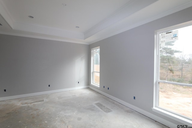 unfurnished room with a raised ceiling and ornamental molding