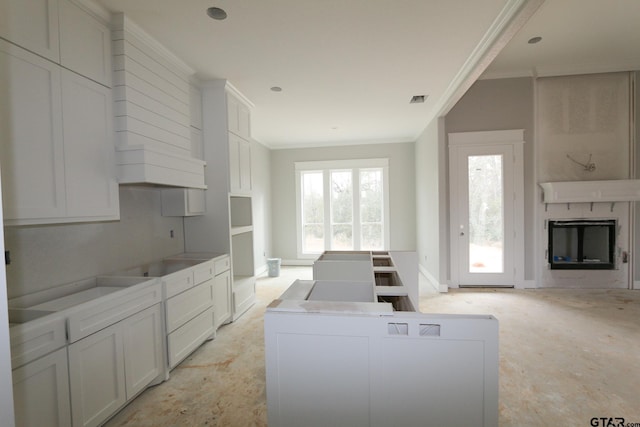 kitchen featuring white cabinetry and ornamental molding