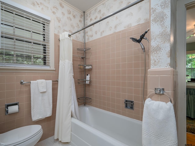 14900 Fm 848, Whitehouse, TX 75791 - full bath featuring wallpapered walls, shower / tub combo, tile walls, and wainscoting